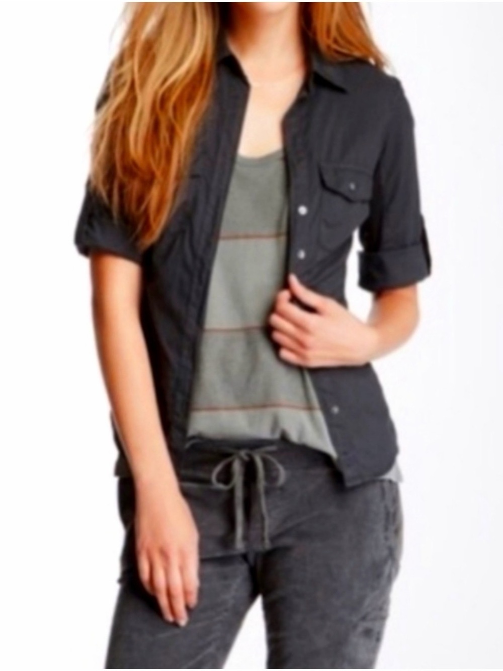 James Perse Contrast Ribbed Black Short-Sleeve Top